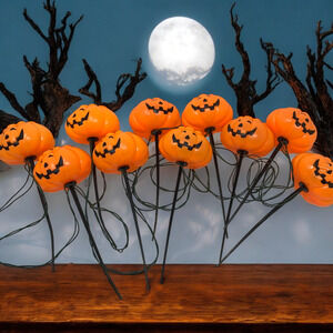 Vintage Lot 10 90's Halloween Blow Mold Pumpkin String Lights on Stakes Outdoor